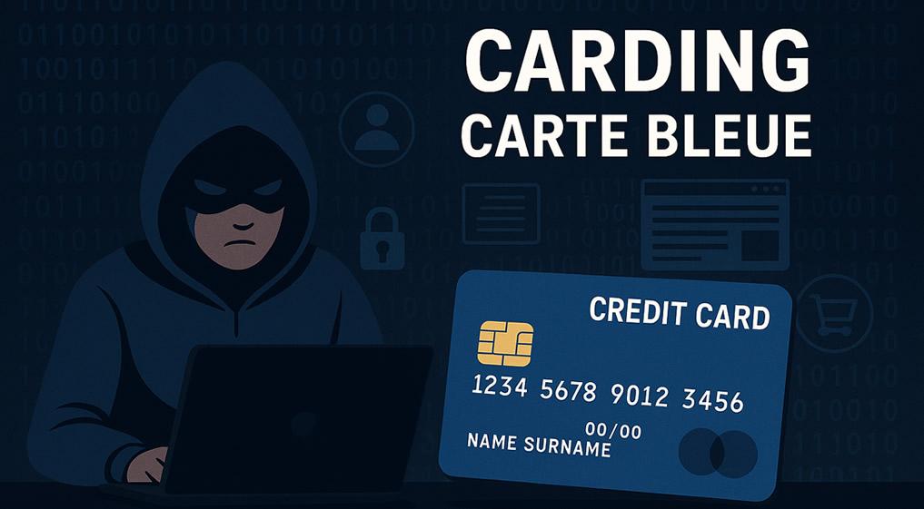 Illustration représentant le carding carte bleue : un hacker encapuchonné face à des données bancaires piratées