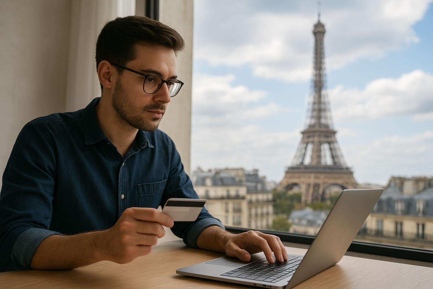 Jeune Parisien comparant les taux de crédit et les organismes financiers à Paris depuis son ordinateur portable