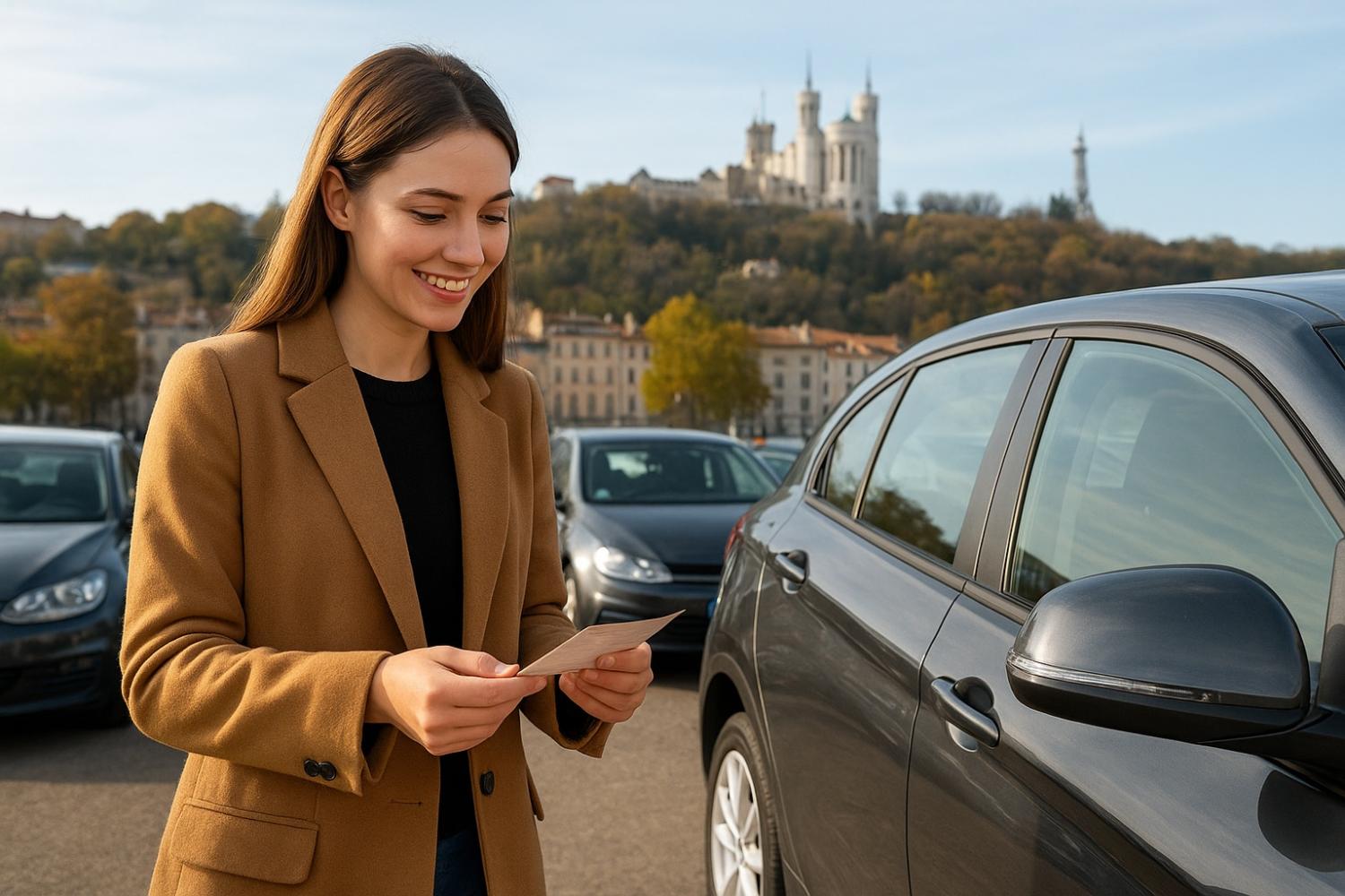Jeune femme devant une voiture d’occasion à Lyon avec la Basilique de Fourvière en arrière-plan.