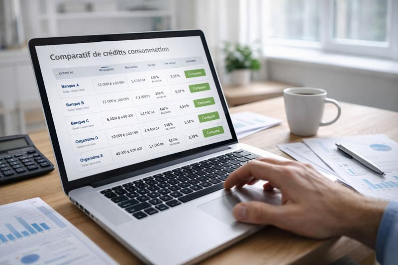 Utilisateur comparant des offres de crédit consommation sur ordinateur portable