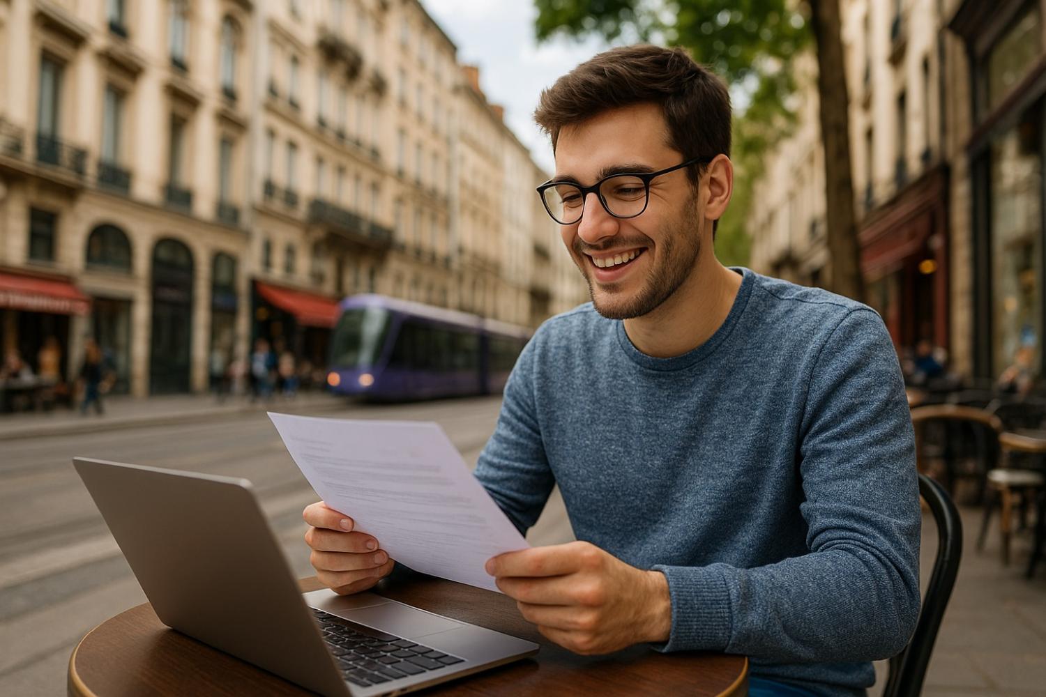 Étudiant lyonnais souriant consultant une offre de crédit étudiant dans un café du centre-ville de Lyon