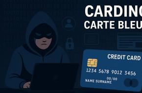 Illustration représentant le carding carte bleue : un hacker encapuchonné face à des données bancaires piratées