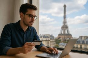 Jeune Parisien comparant les taux de crédit et les organismes financiers à Paris depuis son ordinateur portable
