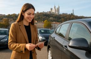 Jeune femme devant une voiture d’occasion à Lyon avec la Basilique de Fourvière en arrière-plan.