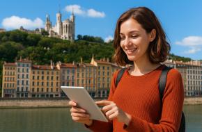 eune femme à Lyon comparant les taux de crédit à la consommation sur sa tablette avec la basilique de Fourvière en arrière-plan