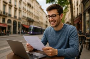 Étudiant lyonnais souriant consultant une offre de crédit étudiant dans un café du centre-ville de Lyon